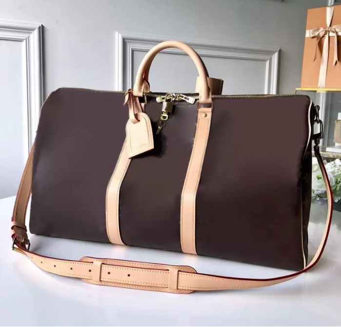 

2022 Duffle bag Classic 45 50 55 Travel luggage for men real leather Top quality women crossbody totes shoulder Bags mens womens handbags 5 colors A896896, Brown