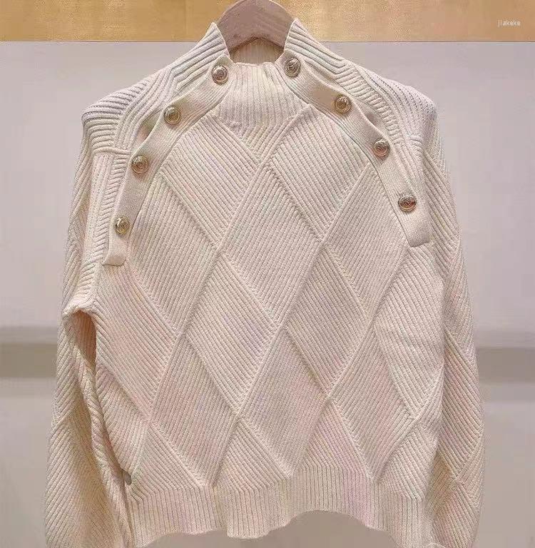 

Women' Sweaters Women Sweater 2022 Spring And Summer Half-high Collar Open Shoulder Button Solid Color Slim Knit Top, White