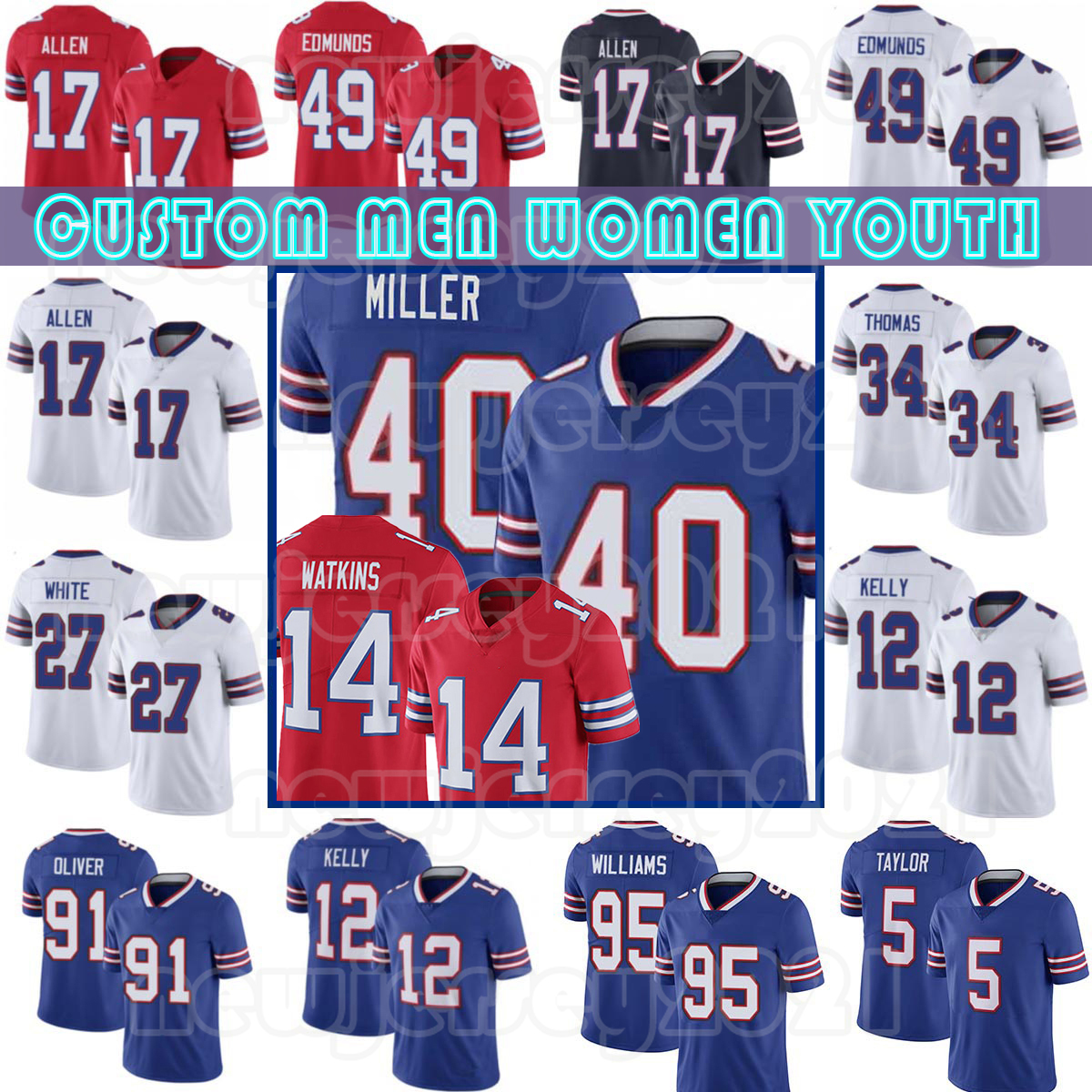 

40 Von Miller 17 Josh Allen 14 Stefon Diggs Football Jerseys Bill Custom 27 Tre'Davious White Mens Cole Beasley 12 Jim Kelly 2 Tyler Bass 88 Dawson Knox Jerry Hughes, Custom youth(b e)