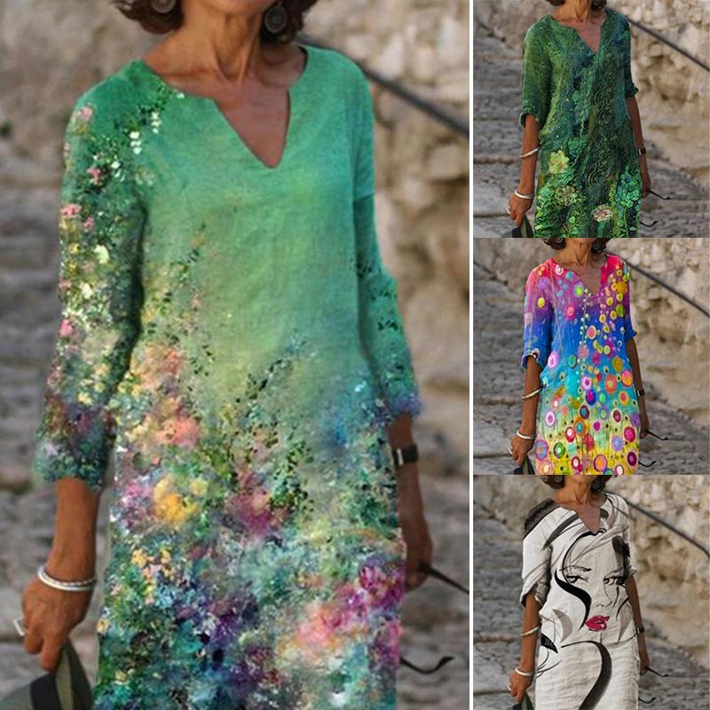 

Party Dresses 2022 Woman Vintage Floral Print Dress Summer Fashion Slim V-Neck Half Sleeve Midi Female Elegant A-Line Beach