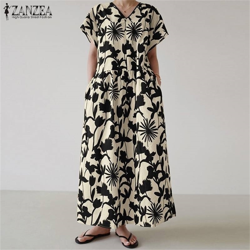 

ZANZEA Kaftan Summer Maxi Dress Women s Printed Sundress Casual Short Sleeve Vestidos Female V Neck Robe Oversized 220614, Black