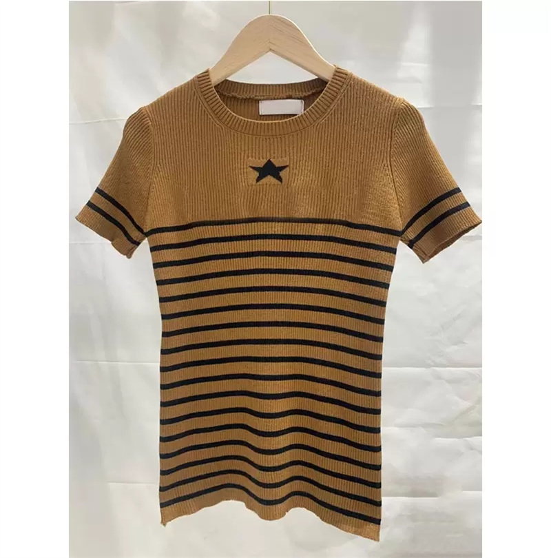 

Women' Knits Brown Star Round Collar Tees Stripe Short-sleeved Blouse With Good Stretchy Shirt Women Sweater, Extra shipping fee
