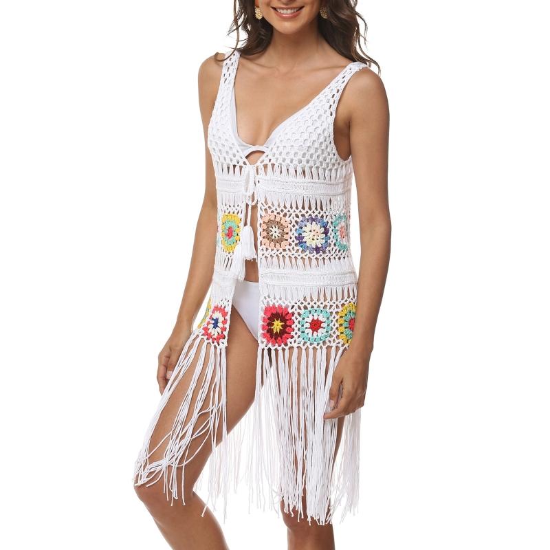 

Women's Tanks & Camis Women Summer Sleeveless Crochet Long Tassels Fringe Vest Hollow Out Knit Multicolor Floral Hippie Bikini Cover Up Open, As pic