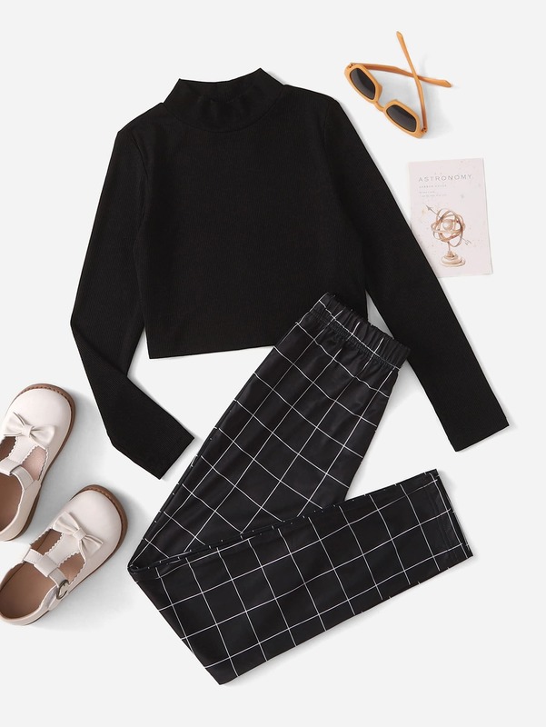 

Girls Mock Neck Tee & Plaid Leggings SHE, Black