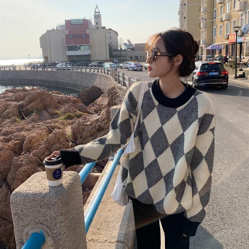 

Women's Sweaters 2022 Arrival Autumn Winter Korean Style Women Casual Long Sleeve O-neck Plaid Sweater All-matched Loose-fitting V31, Black