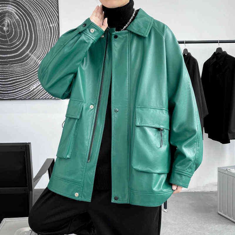 

Green/Black Leather Jacket Men Fashion Pocket Casual Motorcycle Jackets Mens Streetwear Loose Hip-hop Bomber Jacket Men Outwear T220728