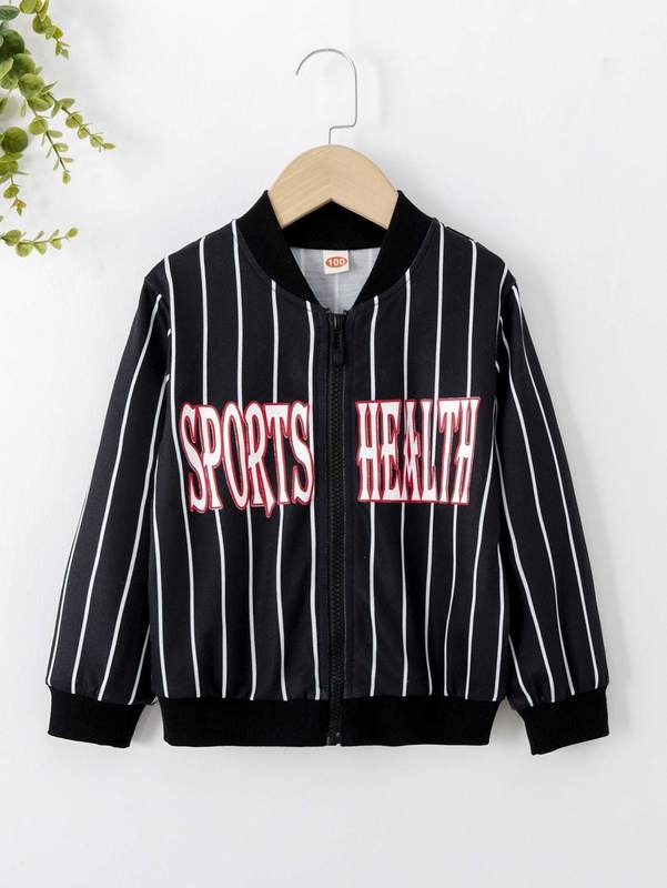 

Toddler Boys Vertical Striped Letter Graphic Bomber Jacket SHE, Black and white