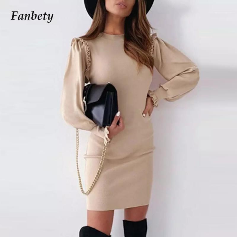 

Casual Dresses Elegant Solid Mini Dress Autumn Spring Long Sleeve Ruffle Bodycon Slim Fashion Office Lady O Neck Women Party, 03 gray