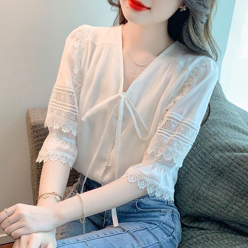 

Women' Blouses & Shirts White Lace Hollow Out Short Sleeve Blouse Office Lady Elegant Lace-up V Neck Women 2022 Summer Woman TopWomen