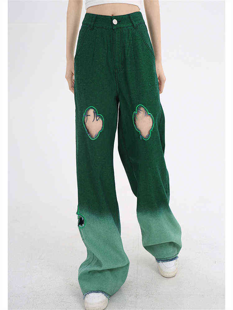 

Gradient Green Hollow Straight Jeans Women's Spring And Summer New Design Loose All-match Wide-leg Pants Denim Trousers Female T220728