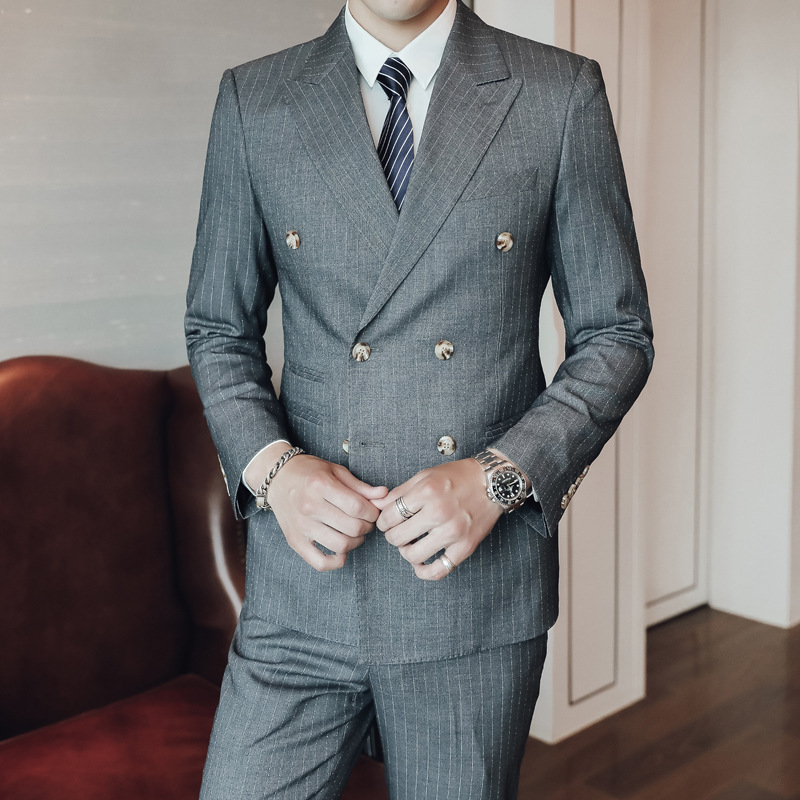 

Men's suits solid color casual slim business striped suit three-piece professional double-row two-button, Gray