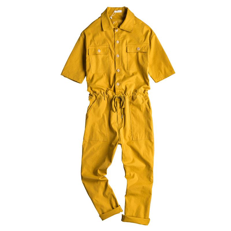 

Men's Pants Summer Overalls Men Jumpsuit Cotton Lapel Short Sleeve Ankle Length Hip Hop Streetwear Black Yellow Loose Leisure TrousersMen's