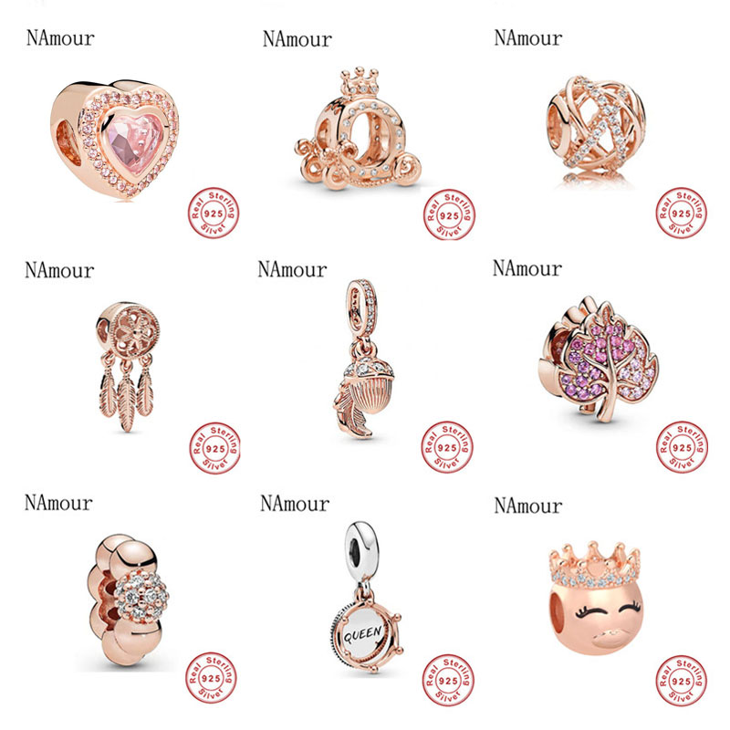 

925 Silver Fit Pandora Charm 925 Bracelet Rose Gold Dreamcatcher Spacer Beads charms set Pendant DIY Fine Beads Jewelry