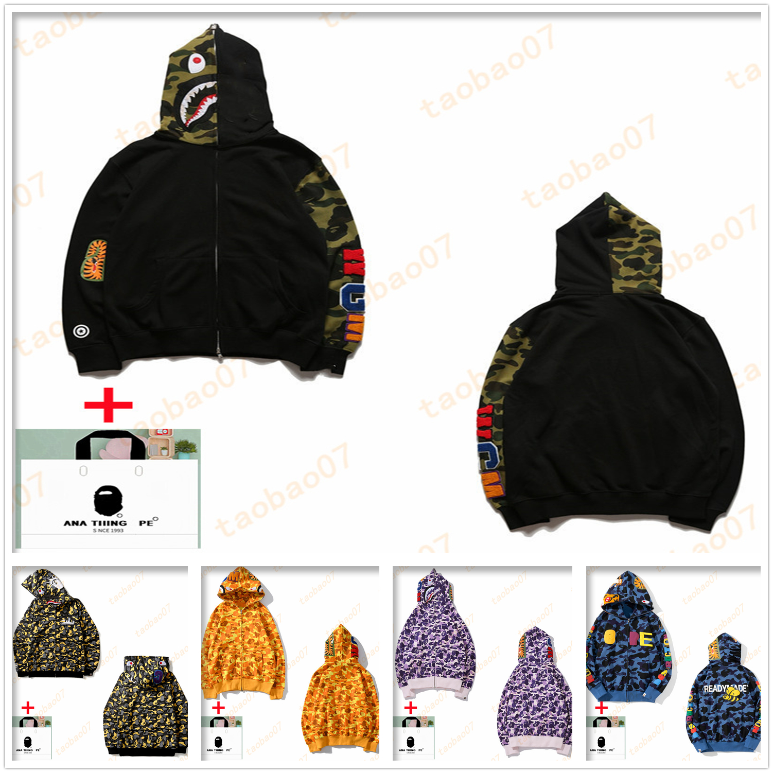 

apes Men Hoodies Shark Luminous camouflage high quality Sweatshirts men and women cardigan hooded sweater zipper jacket Bring tote bag A18, 1pcs buttons