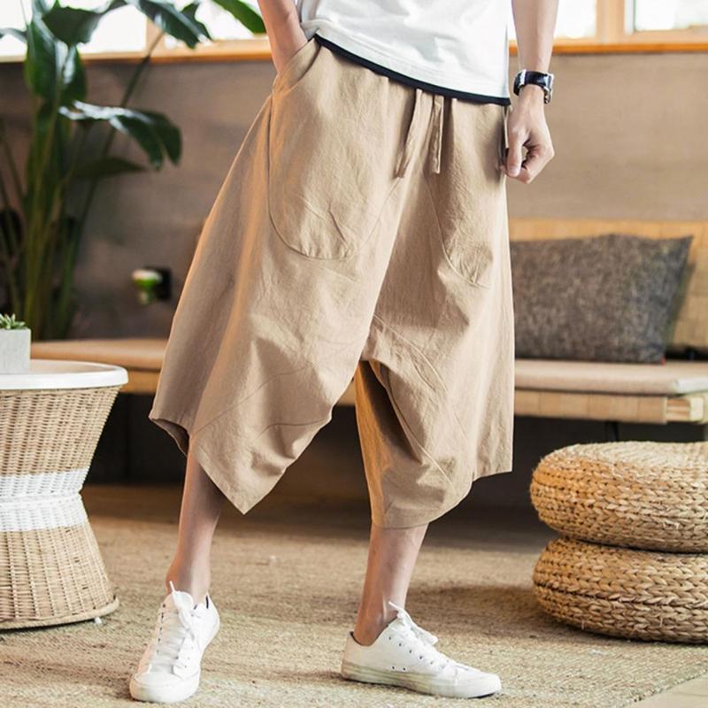 

Men's Pants Men Harajuku Harem Capri Drop Crotch Solid High Waist Baggy Cropped Trousers Summer Cotton Linen Joggers PantsMen's, Black