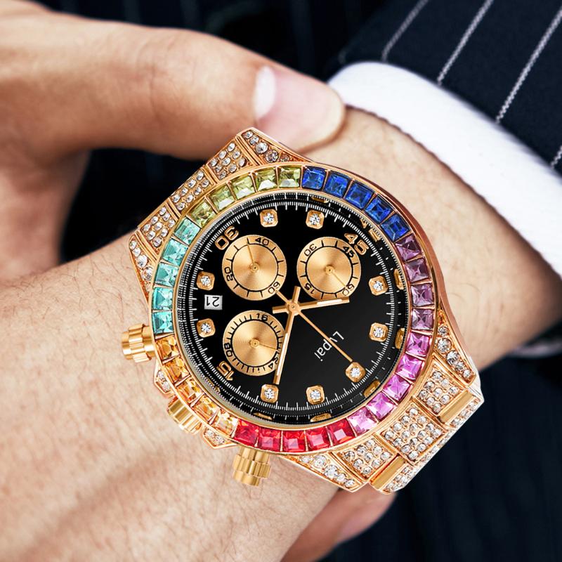 

Wristwatches Lvpai Brand Quartz Watches With Micro Pave Iced Out Colorful Stones Cubic Zirconia Stainless Steel Hip Hop Clock For Gift, Gold