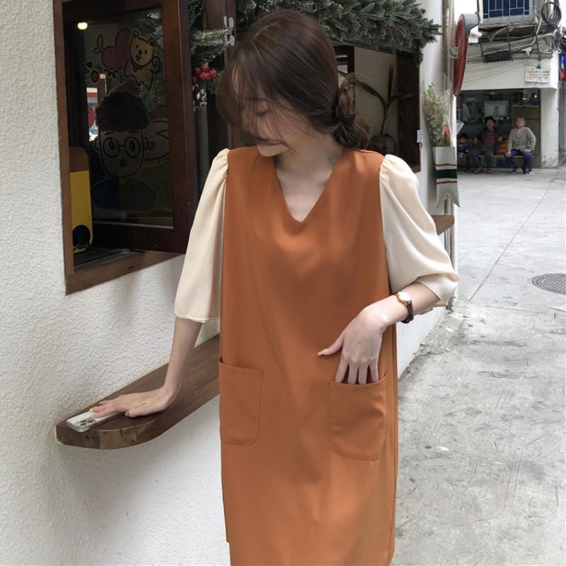 

Plus Size Dresses 4XL Women Summer Elegant Patchwork Short Dress V Neck Half Sleeve Pullover Sundress, Caramel color
