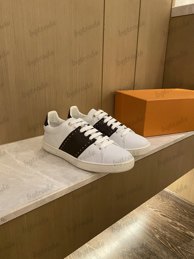 

FrontRow Designer White Leather Shoe Patent Monograms Coated Canvas Womens Sneaker Brown Flower Rubber Mens Runner Trainers Platform Casual Shoes