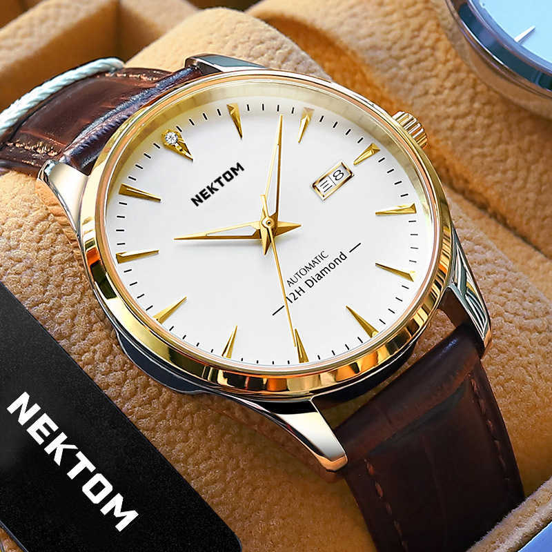 

nektom watch men's waterproof luminous steel belt mechanical mens watch full automatic, Steel shell white brown belt