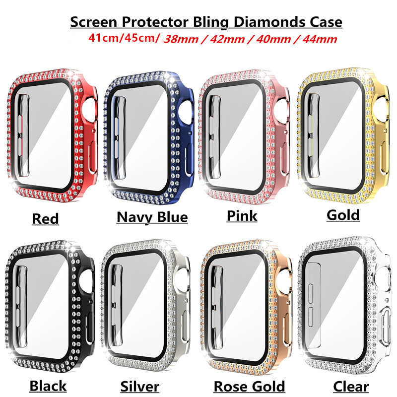 

Diamond Screen Protector watch Case for Apple iWatch 45mm 44mm 42mm 41mm 40mm 38mm Bling Crystal Full Cover Protective Cases PC Bumper With Retail box, Mix color or message