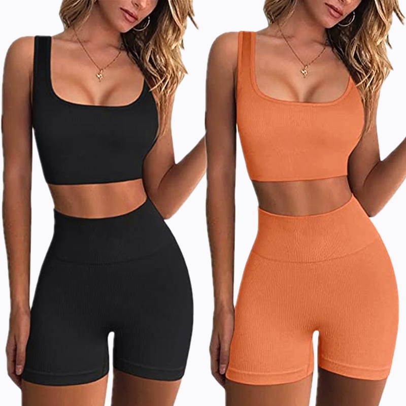 

Women Workout Outfit Shorts Set 2 Piece Ribbed Seamless Crop Tank Tops Yoga Padded Bras High Waist Booty Shorts Gym Legging Sports Activewear Clothings Outfits Sets, Coffee