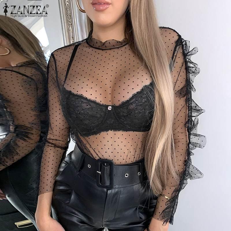 

Women' Blouses & Shirts Womens Polka Dort Ruffle Shirt Summer Women Mesh Top 2022 Fashion Sexy See Through Tunic Elegant Transparent, Black