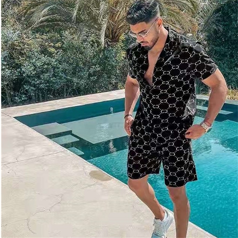 Mode Hommes Ensembles Hawaïens D'été Impression À Manches Courtes Bouton Chemise Shorts De Plage Noir Deux Ensemble Casual Vacances Hommes 2 Pièc