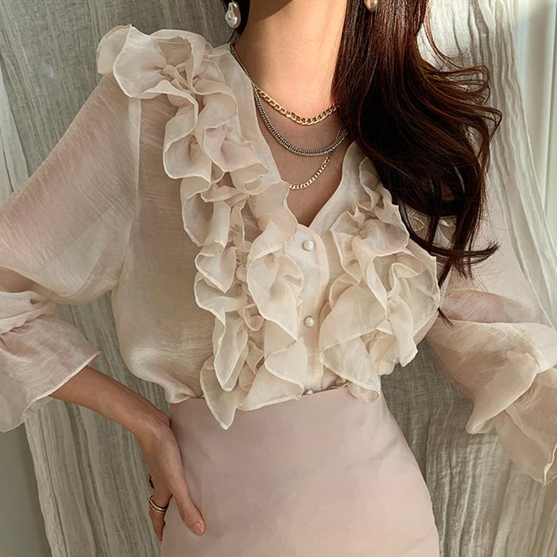 

Women's Blouses & Shirts Elegant Vintage V-neck Layered Ruffle Chic Single Breasted Micro See Through Flared Sleeve Shirt Blouse Tops For Wo, Beige