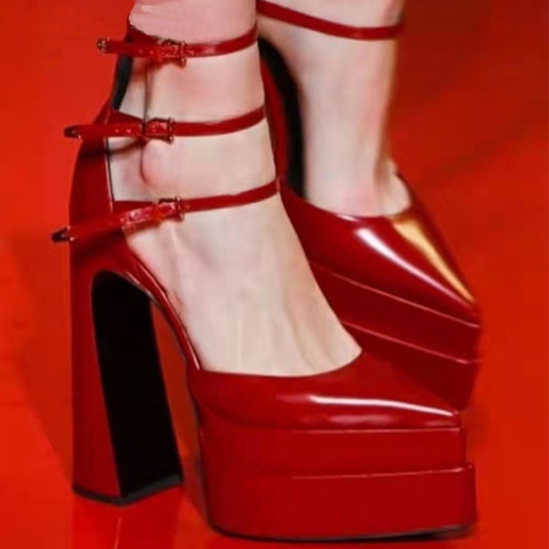 

Women Pumps Sexy High Heels Pointed Toe Sandals High Quality Designer Ankle Strap Buckle Platform Chunky Heeled Dress Party Wedding Shoes, Yellow