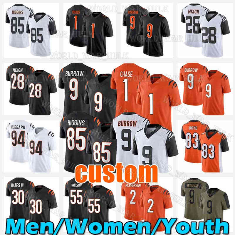 

9 Joe Burrow Football Jersey 23 Daxton Hill Dax 1 Ja'Marr Chase 85 Tee Higgins Evan McPherson Mixon Sam Hubbard Jessie Bates III Logan Wilson Bengals Vonn Bell Tyler Boyd, Men custom (m h)+patch