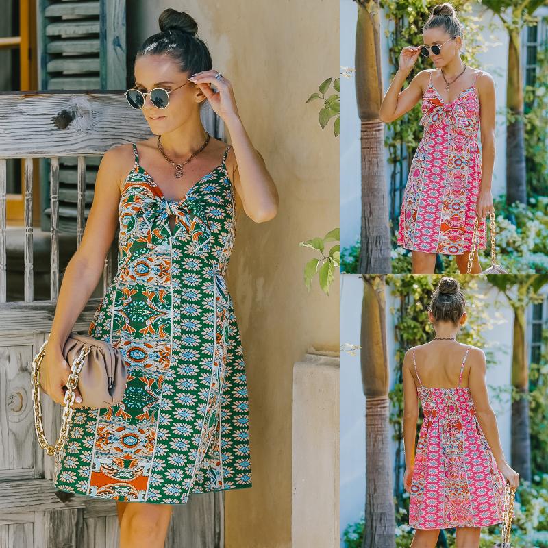 

Casual Dresses Summer For Woman Mini Short Sexy Cute Bohemian Spaghetti Strap Green Pink Floral Beach Plus Size Slip DressCasual