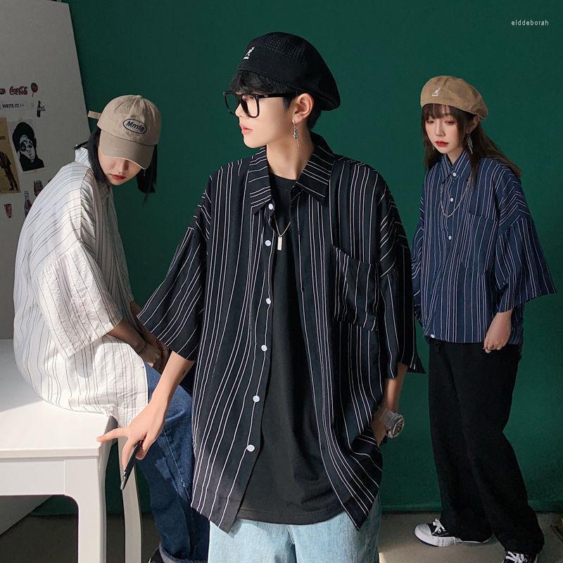 

Men' Casual Shirts Short Sleeve Summer Coat Loose Lapel Three-quarter Tops Beach Striped Shirt Thin Male Clothes BreathableMen' Eldd22, Black