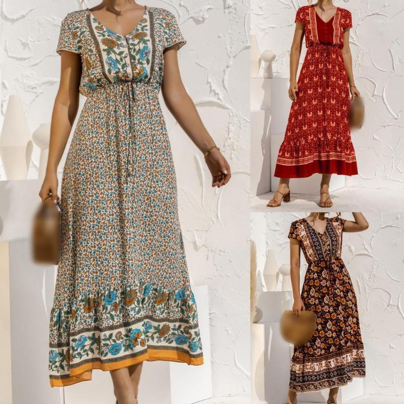 

Casual Dresses Women Maxi Dress Flower Lacing Summer Short Sleeve V Neck Vintage Floral Printed Long Plus Size Vestidos For Beach, Black