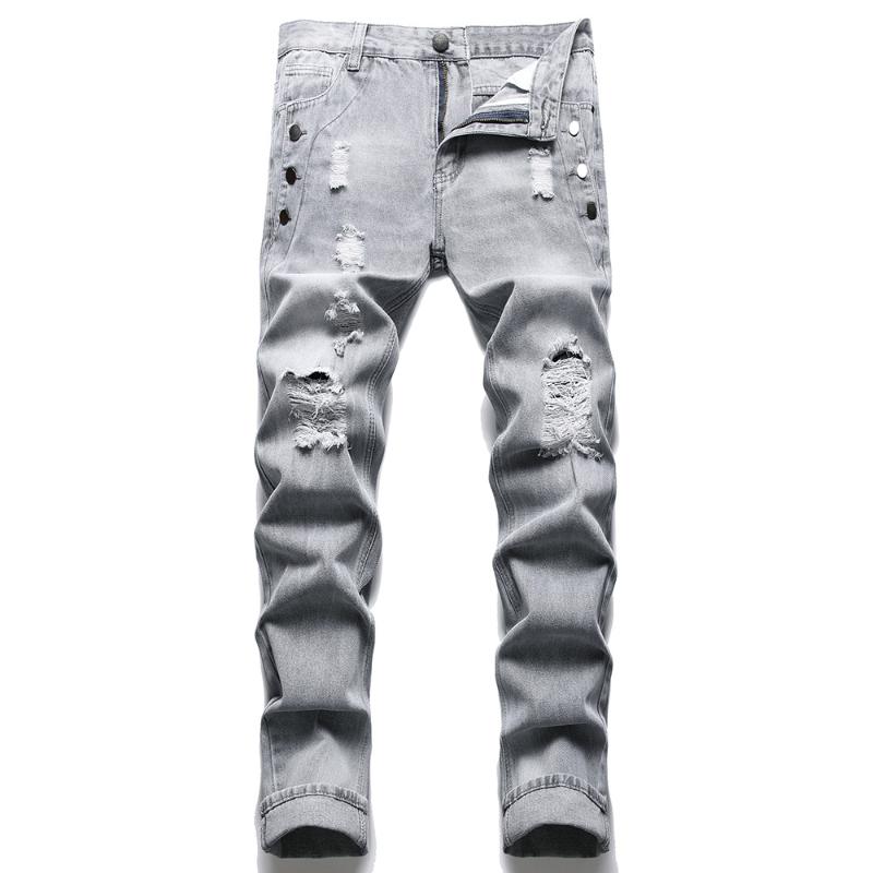 

Men's Jeans Men Gray Denim Casual Buttons Holes Ripped Distressed Pants Straight TrousersMen's