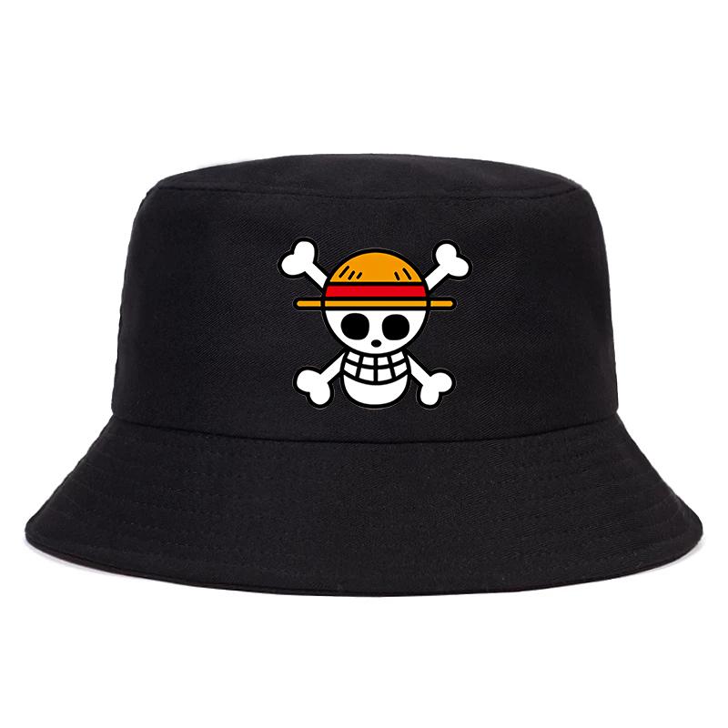 

Berets One Piece Bucket Hat Panama Cap The Pirate King Anime Luffy Harajuku Women Men Cotton Outdoor Sunscreen Wide Brim Hats Caps, Black