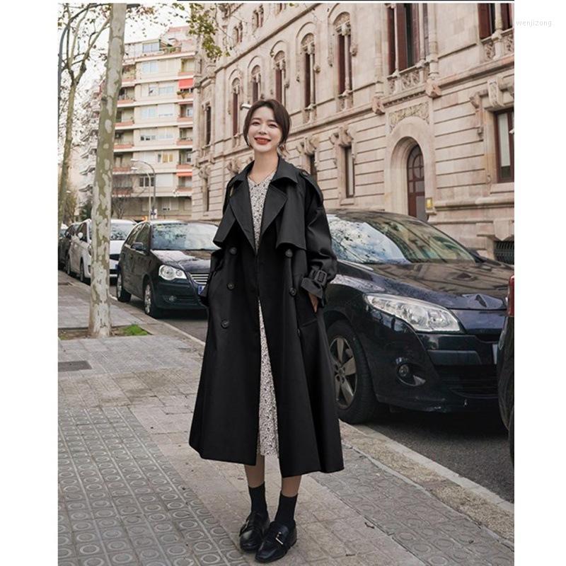 

Women' Trench Coats Elegant Women Coat 2022 Autumn Winter Double Breasted Oversize Long Korean Tunic Office Casual Windbreaker, Black