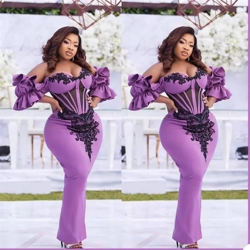 2022 New Aso Ebi Robes De Bal Plus La Taille Sirène Robes De Soirée Avec Applique Noire Manches Courtes Femmes Robe De Cocktail B0621G01