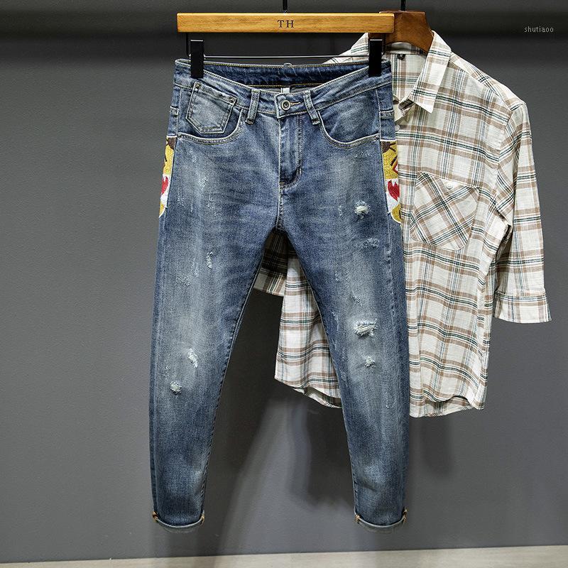 

Men's Pants Spring And Summer Embroidered Pierced Jeans Fashion Korean Trend Slim Fit Small Foot YOUTH, Blue
