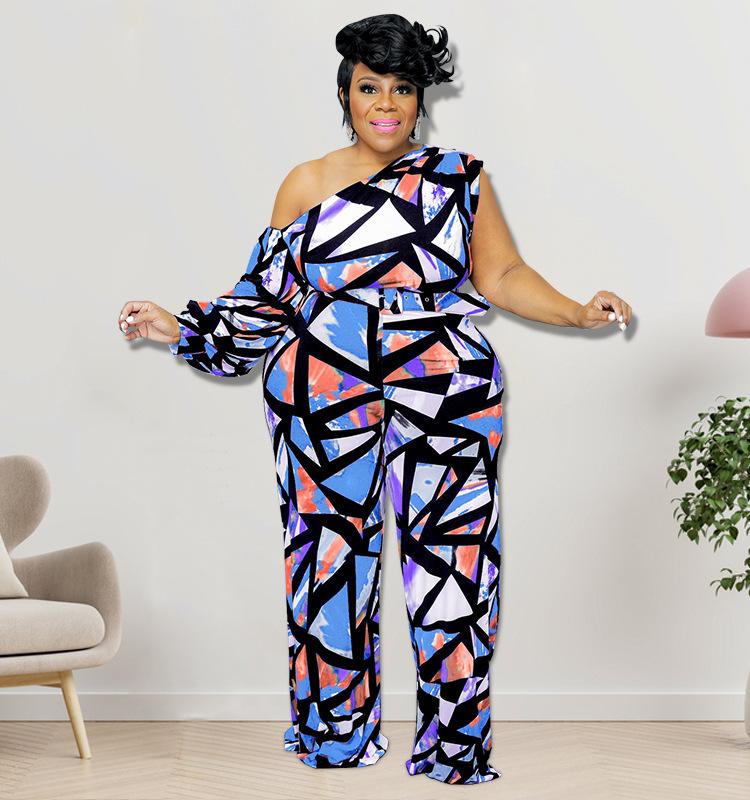 

Plus Size Dresses Autumn Sexy Off-the-shoulder Asymmetric Slanted Shoulder Lantern Sleeves Printed Jumpsuit Trousers Casual JumpsuitPlus, Black