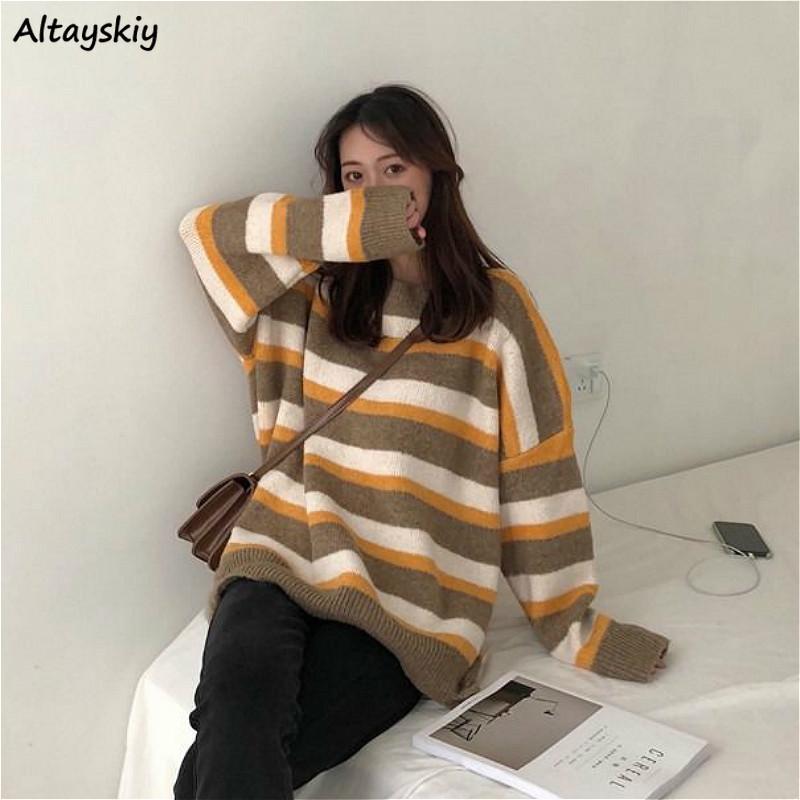 

Women' Sweaters Women Harajuku Striped Daily Casual Classic Ulzzang Teens Knitwear Loose Soft Preppy All-match Trendy O-neck, Black-regular