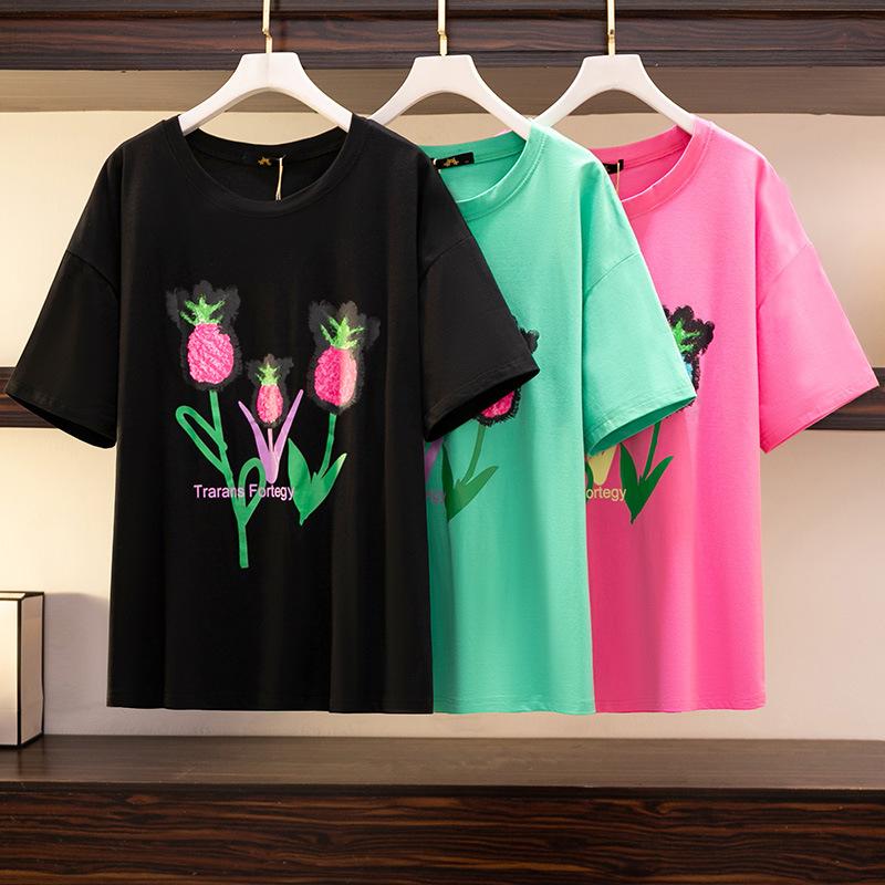 

Women's Plus Size T-Shirt 150Kg Women's Bust 157 Summer Loose Pineapple Flower Short-Sleeved Black Pink Green 6XL 7XL  9XL 10XLWomen