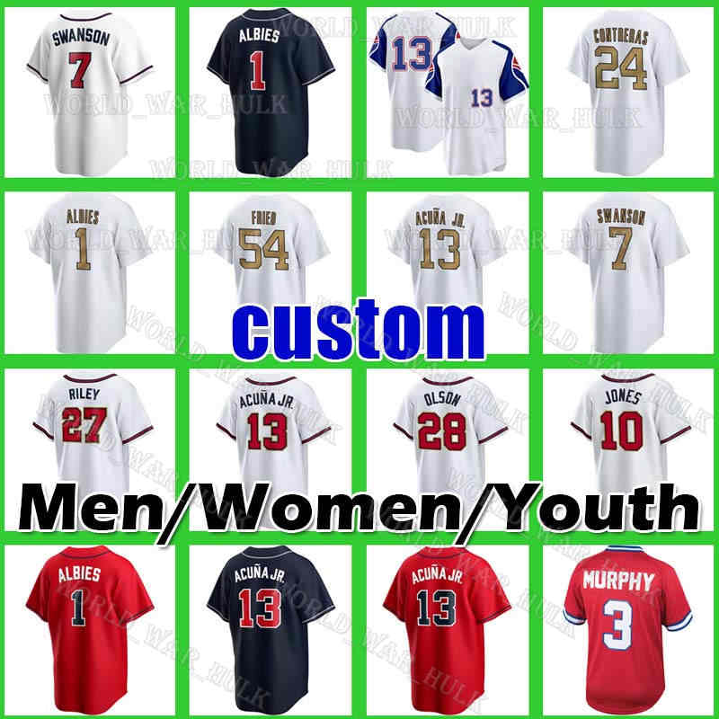 

13 Ronald Acuna Jr. Baseball Jersey 27 Austin Riley 7 Dansby Swanson Matt Olson Atlanta Ozzie Albies Dale Murphy Chipper Jones Braves Max Fried Duvall Michael Harris II, Men custom (y s-no name)+patch