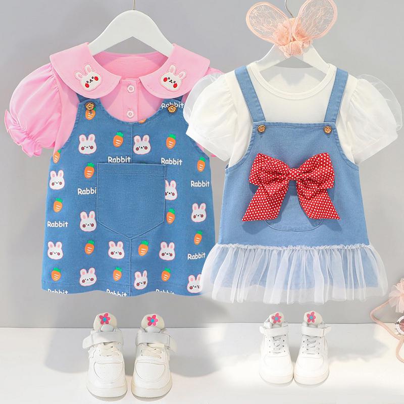 

Clothing Sets Babies 2pcs Casual Baby Girl Costume Toddler Short Sleeved T-shirt Strap Denim Skirt Suit Kids Outfits TopsClothing, As picture