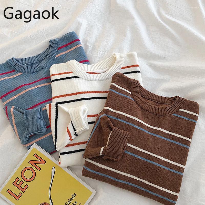 

Women's Sweaters Gagaok Women Knitted Fashion Sweater Spring Autumn O-Neck Full Striped Loose Casual Harajuku Wild Female Korean Pullover To, Blue