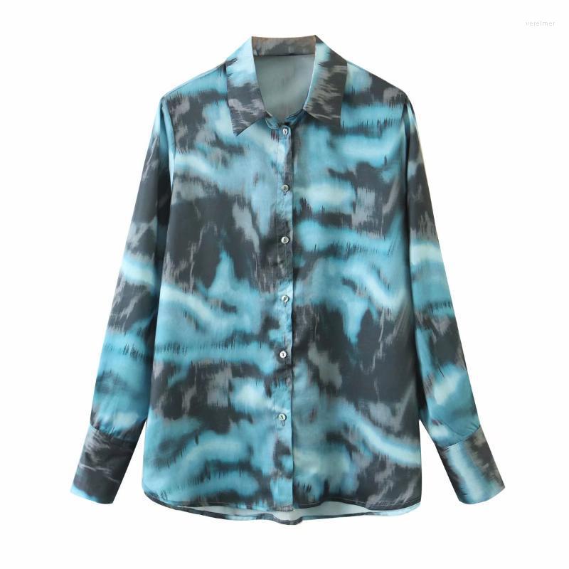 

Women's Blouses & Shirts Blouse Women Early Autumn Style Single-breasted Tie-dye Blue Floral Print Lapel Shirt WomenWomen's Vere22