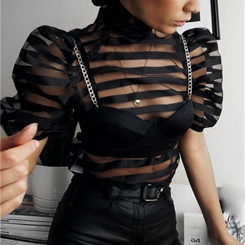 

Women' Blouses & Shirts Elegant OL Women Mesh Sheer Back Bow Striped Puff Sleeve Shirt Blouse See Through Short Party Clubwear Evening Tops, Black