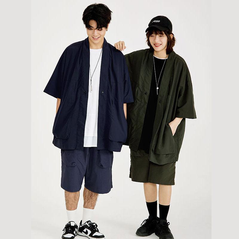 

Men's Casual Shirts Men Japanese Harajuku Streetwear Fashion Hip Hop Loose Oversize Short Sleeve Kimono Shirt Male Street CardiganMen's, Black