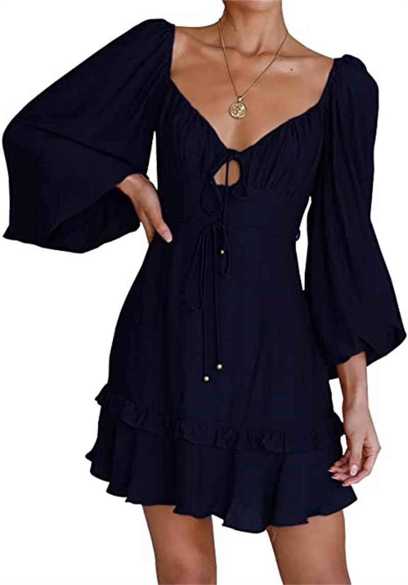 

Slim horn Tops & Tees Women' bubble sleeve dress pleated dress Summer flowing mini, Photo color