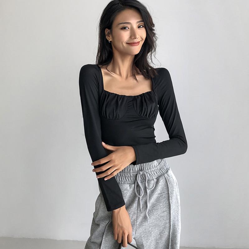 

Women' T-Shirt Fashion Square Collar Long Sleeve Folds Women Pleated Chest Bottomed Shirt Sexy High Waist Girl Tops 5949Women, Black