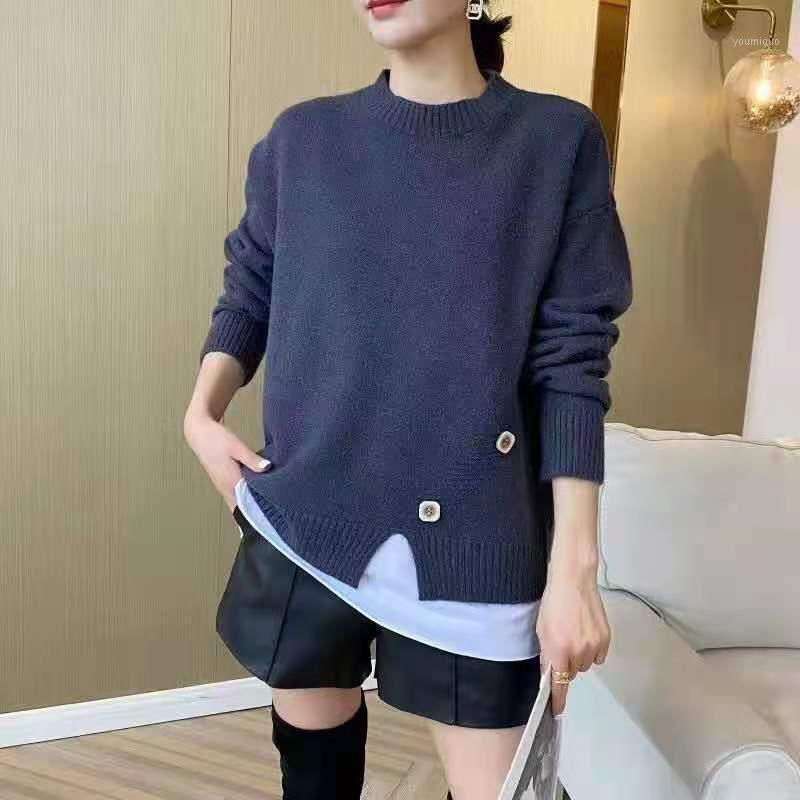 

Women' Sweaters -2XL 8 ColorsFall Clothing Bottoming Loose Button False Two-Piece Patchwork White Edge Round Neck Pullover, Orange